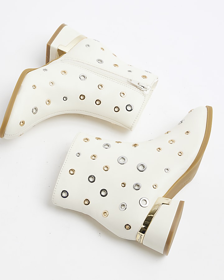 Girls Cream Studded Heeled Boots