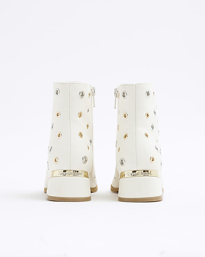 Girls Cream Studded Heeled Boots