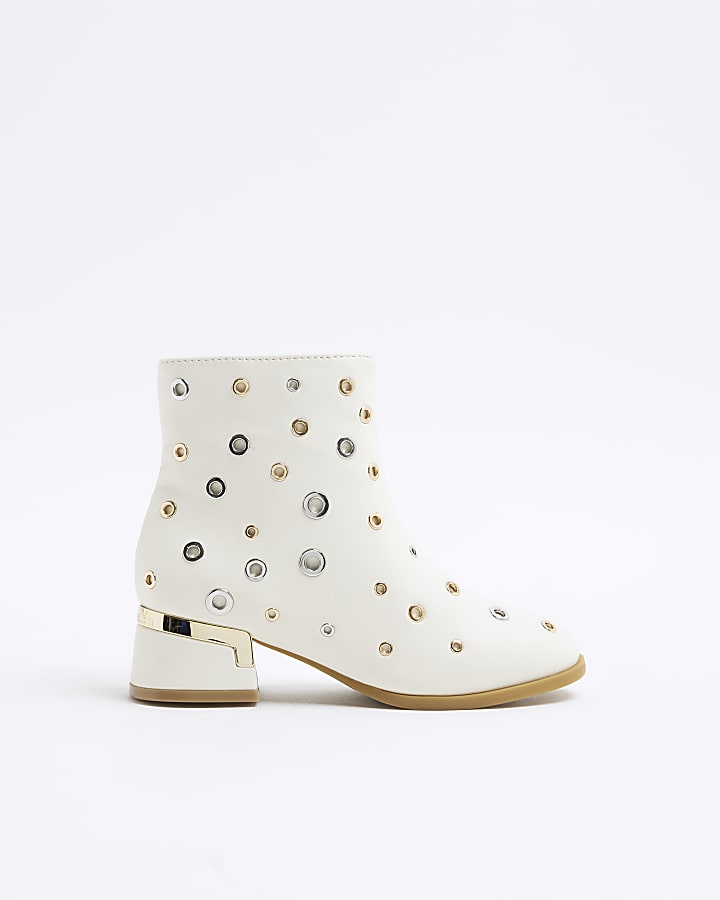 Girls Cream Studded Heeled Boots