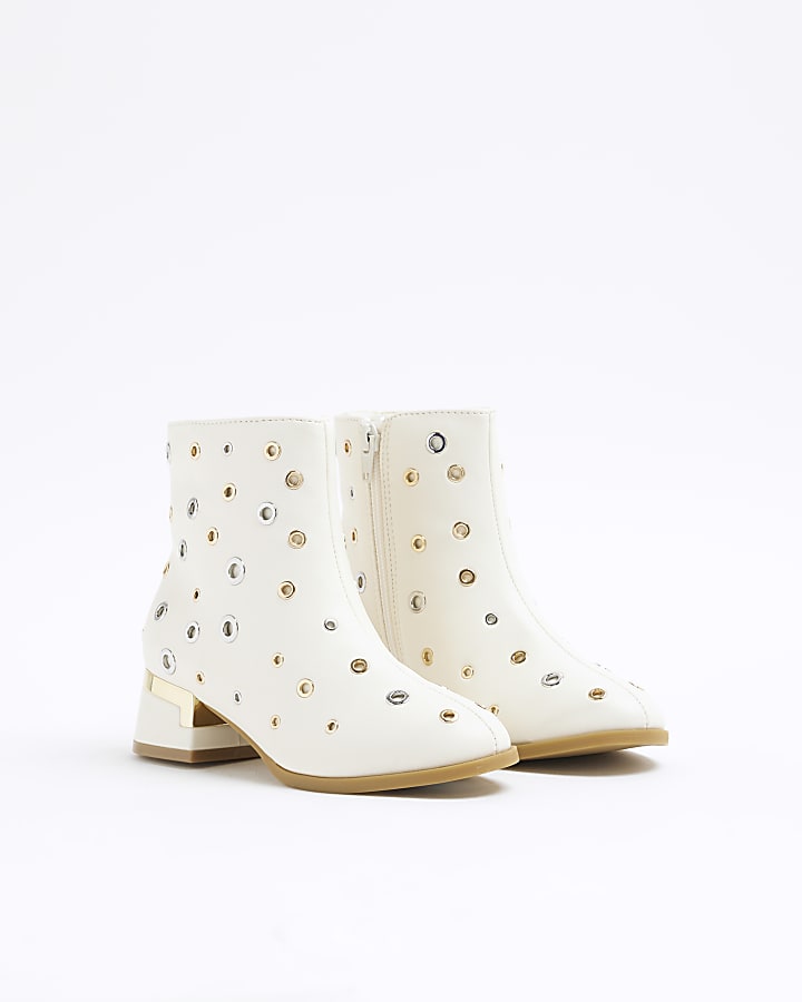 Girls Cream Studded Heeled Boots