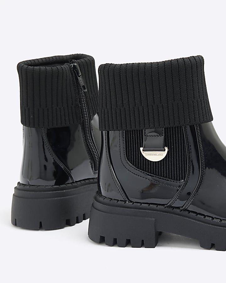 Girls Black Patent Knit Chelsea Boots