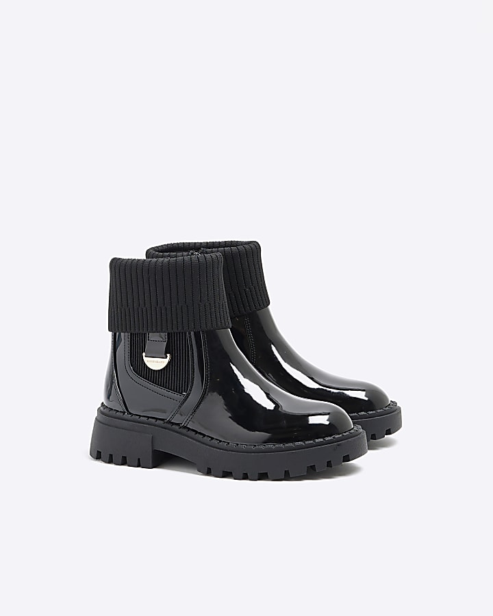 Girls Black Patent Knit Chelsea Boots