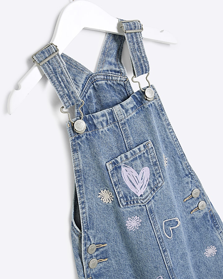 Mini Girls Blue Denim Heart Dungaree