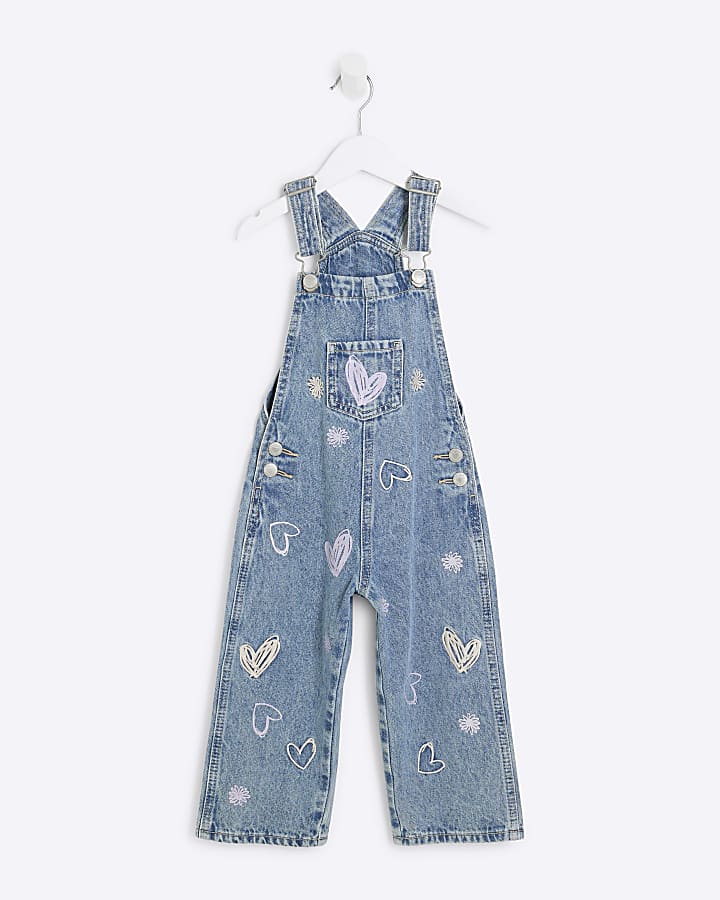 Mini Girls Blue Denim Heart Dungaree