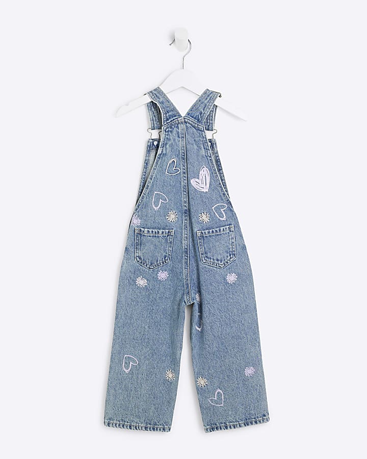 Mini Girls Blue Denim Heart Dungaree