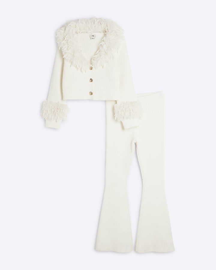 Cream Feather Cardigan And Bottoms Set