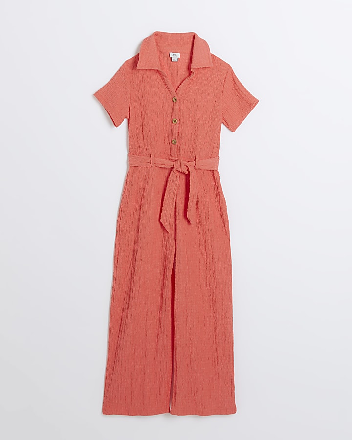 Girls coral seersucker jumpsuit