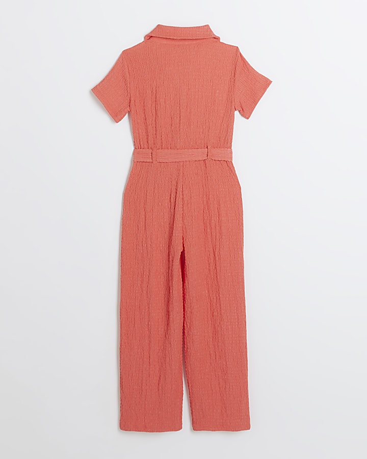 Girls coral seersucker jumpsuit