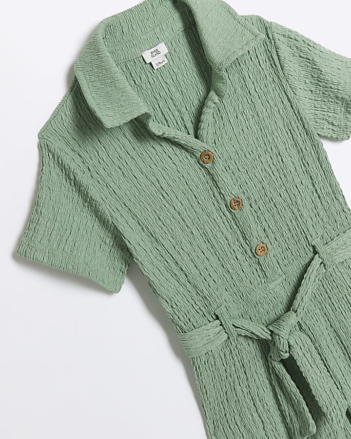 Girls green seersucker jumpsuit