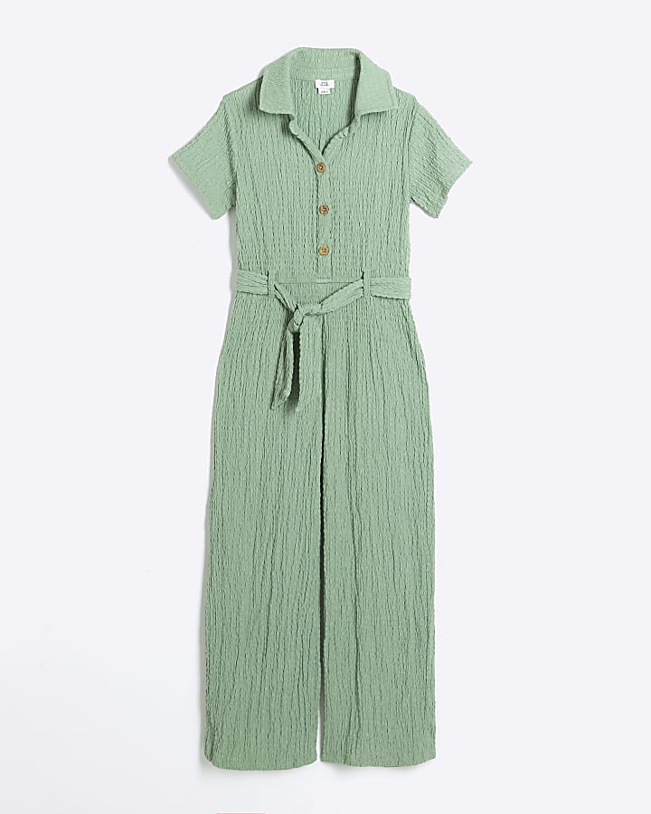 Girls green seersucker jumpsuit