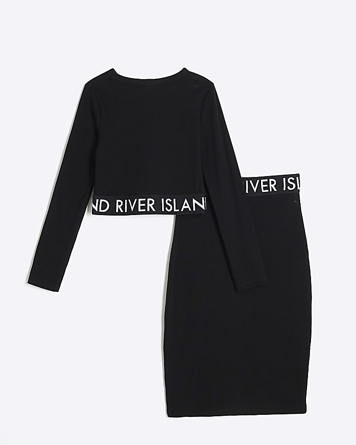 Girls black RI ribbed top and skirt set