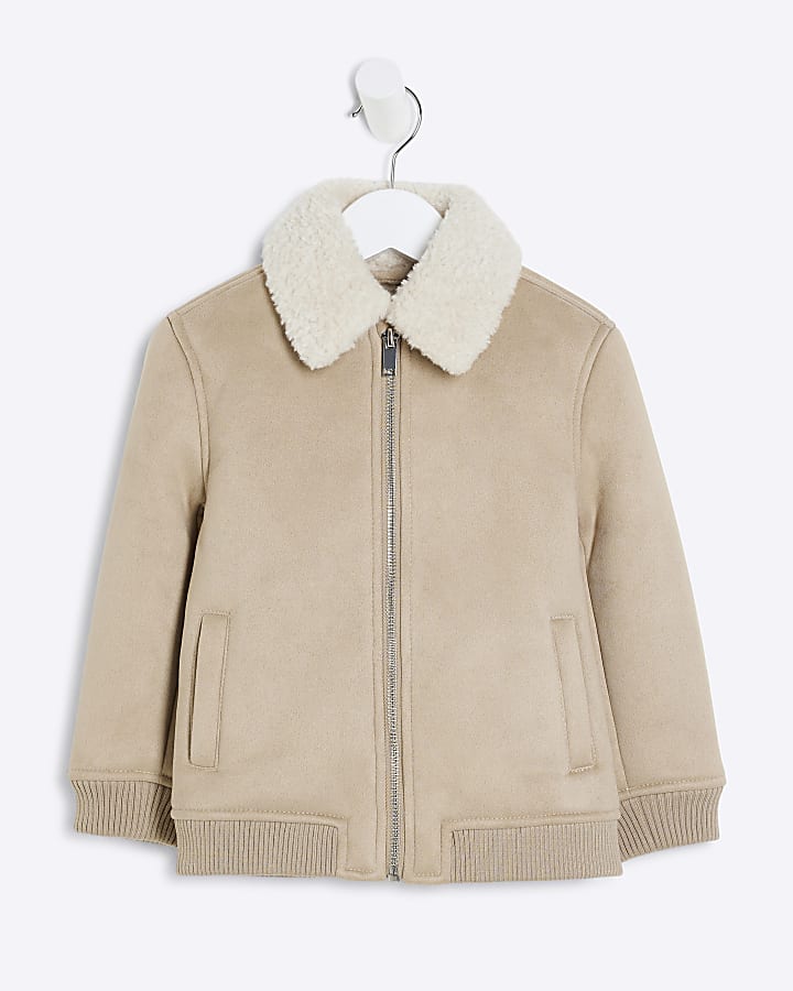 Mini Boys Stone Shearling Bomber Jacket