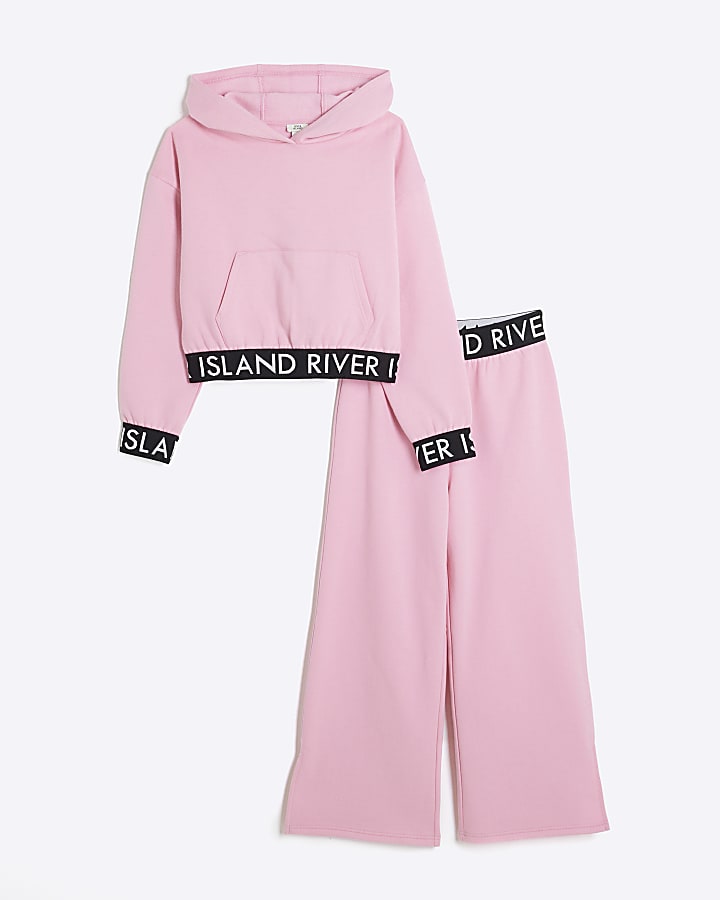 Girls pink RI hoodie and joggers set River Island