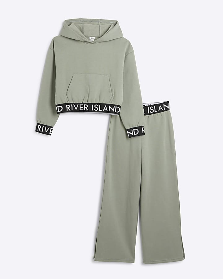 Girls khaki RI hoodie and joggers set River Island