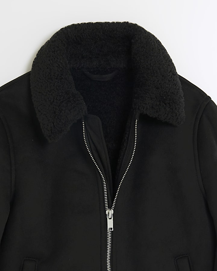 Boys Black Faux Shearling Bomber Jacket