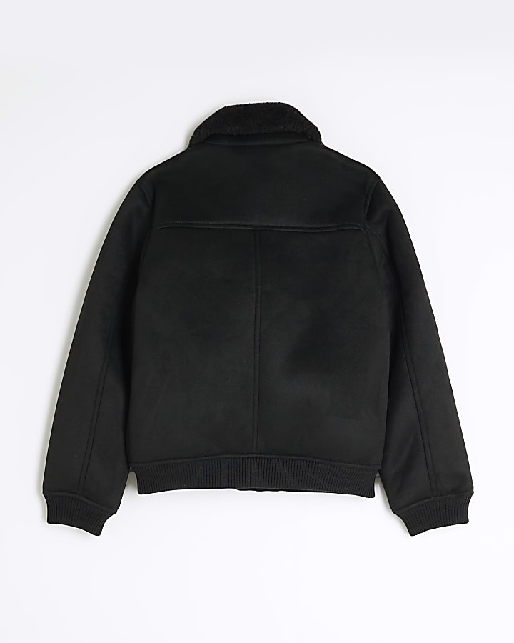 Boys Black Faux Shearling Bomber Jacket