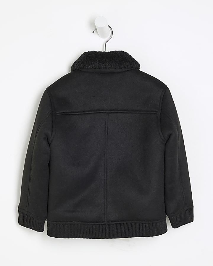 Mini Boys Black Shearling Bomber Jacket