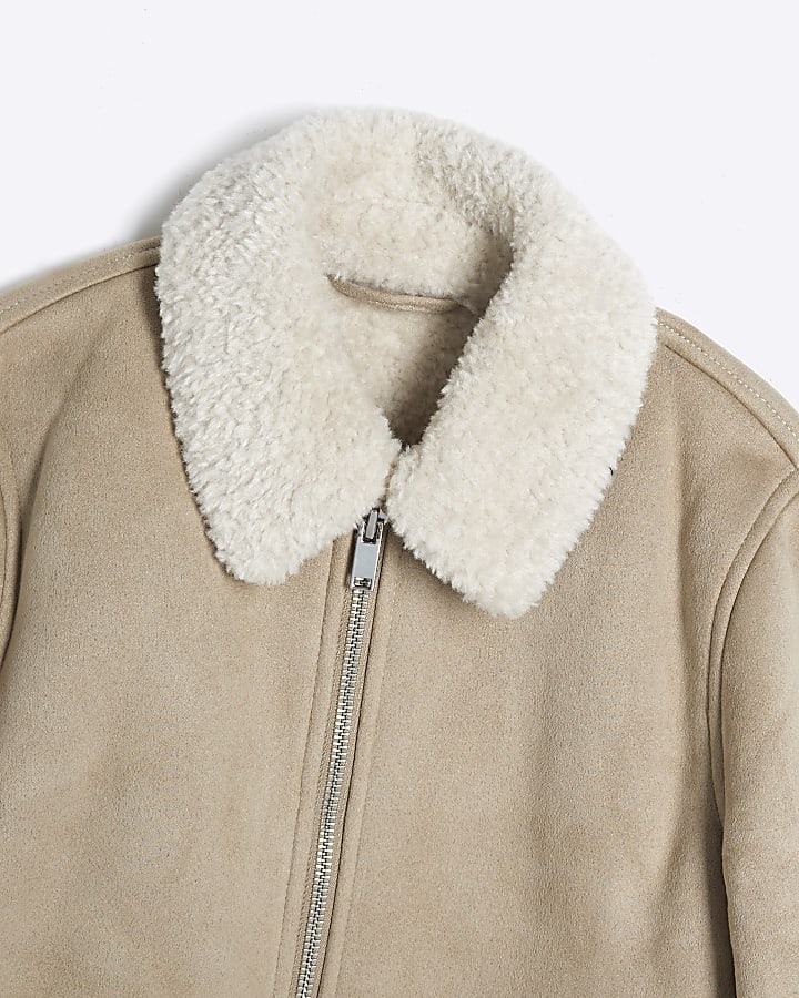 Boys Stone Shearling Bomber Jacket