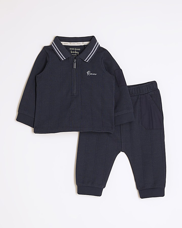 Baby Boys Navy Polo Jacquard Set