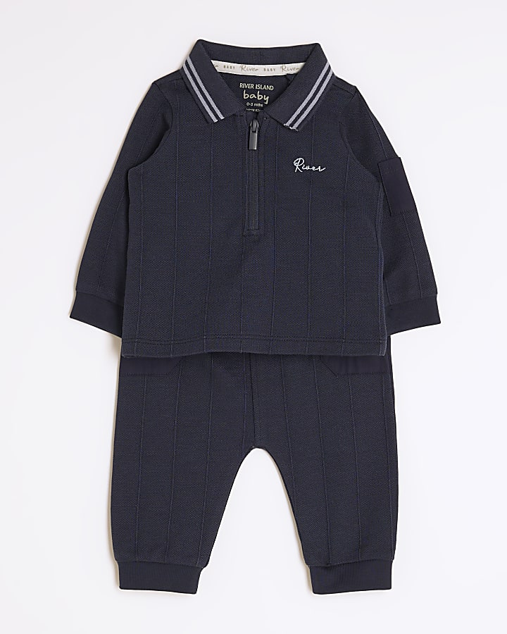 Baby Boys Navy Polo Jacquard Set