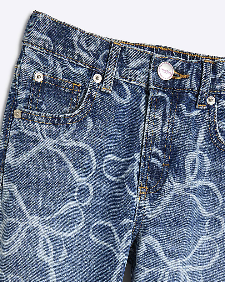 Girls Denim Bow Laser Cut Mom Jeans