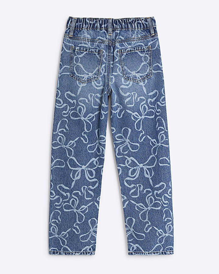 Girls Denim Bow Laser Cut Mom Jeans