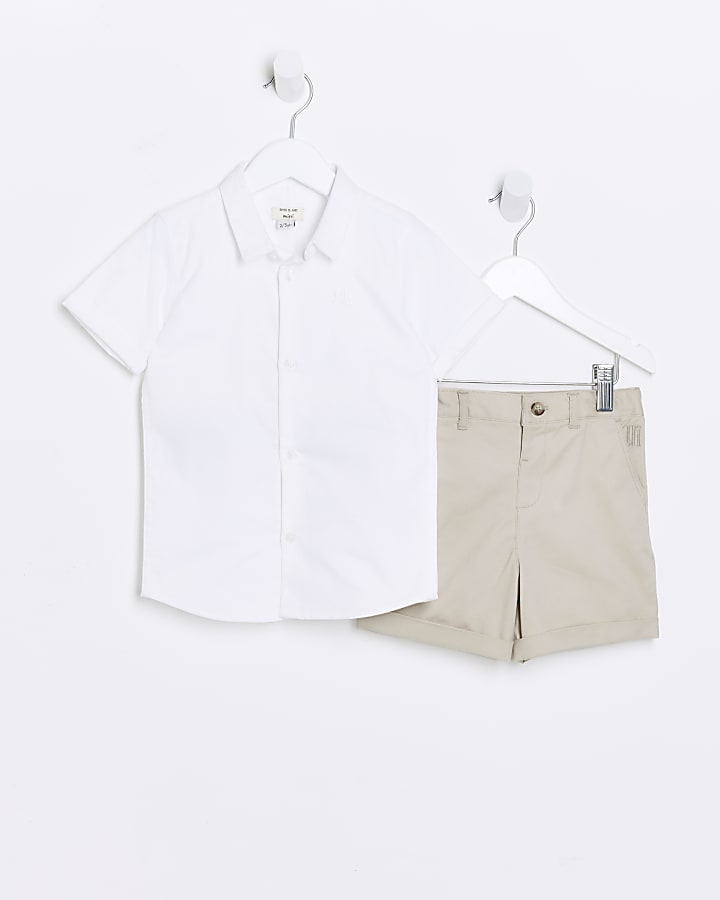 Mini Boys stone shirt and oxford chino shorts