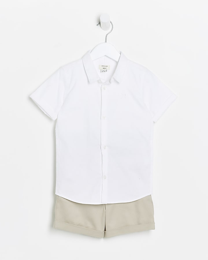 Mini Boys stone shirt and oxford chino shorts