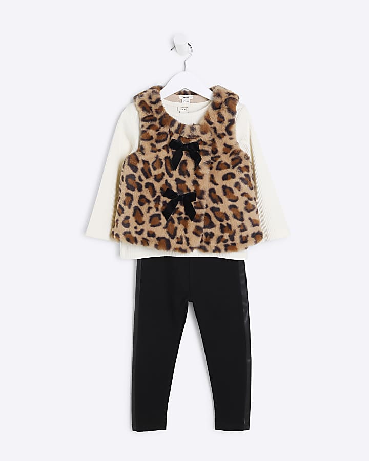 Mini Girls Beige Leopard Gilet Set