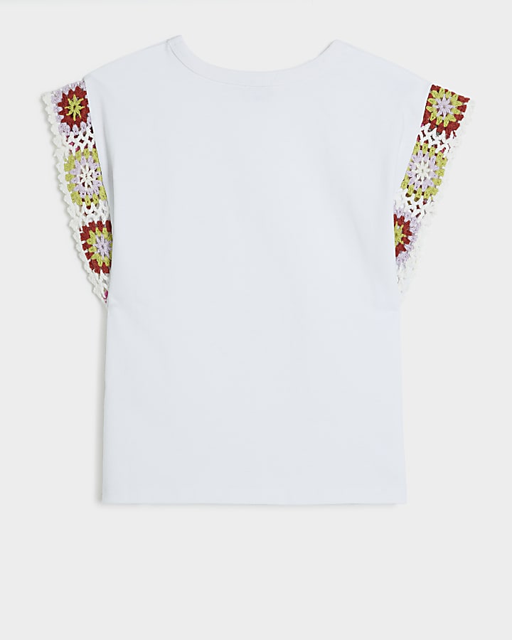 Girls white crochet sleeve t-shirt