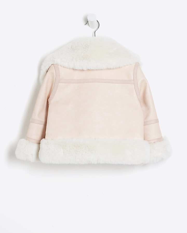 Mini Girls Pink Faux Fur Aviator Jacket