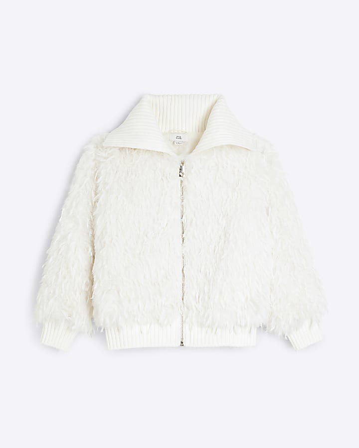 Girls Cream Shaggy Faux Fur Coat