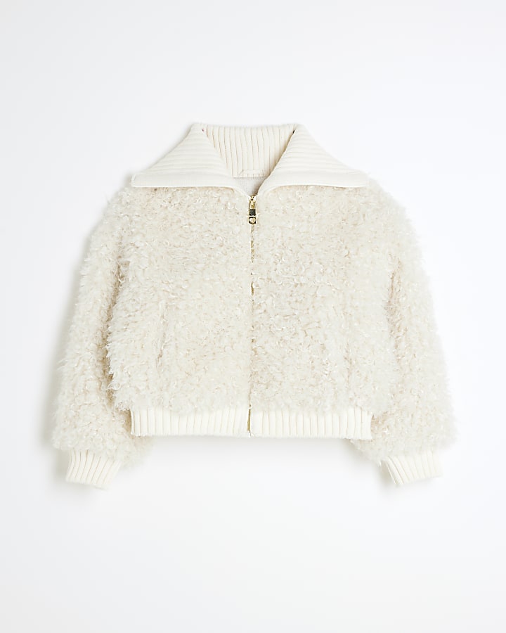 Mini Girls Cream Faux Fur Coat