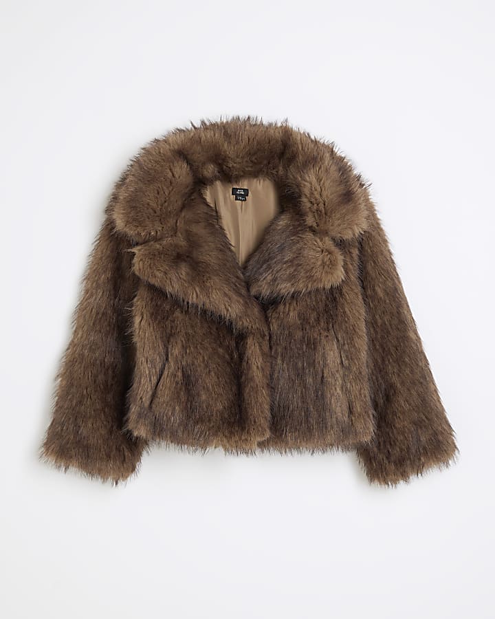 Girls Brown Faux Fur Jacket