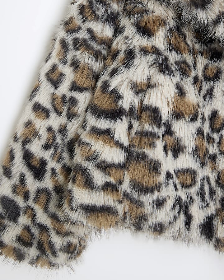 Girls Brown Leopard Faux Fur Jacket