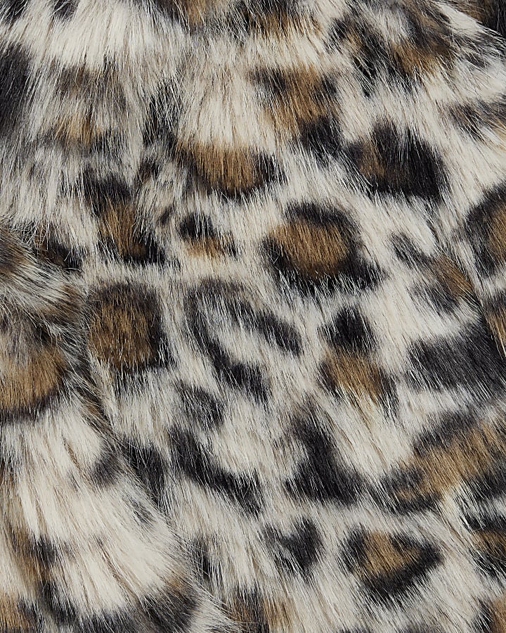 Girls Brown Leopard Faux Fur Jacket