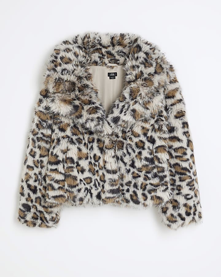 Girls Brown Leopard Faux Fur Jacket