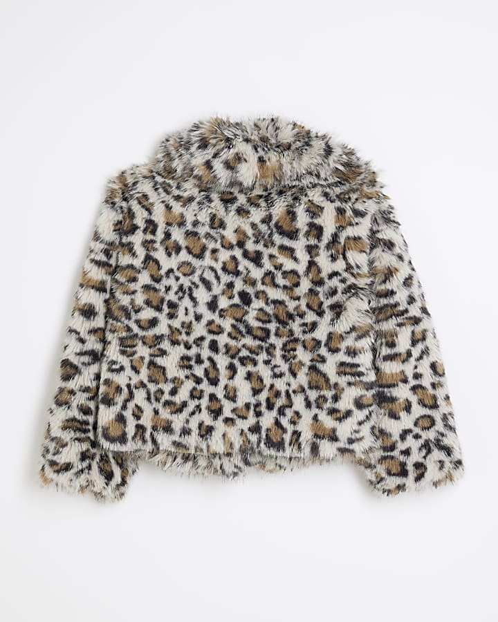 Girls Brown Leopard Faux Fur Jacket