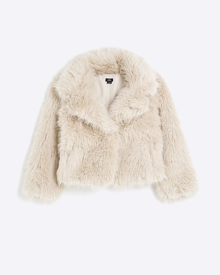 Girls Cream Faux Fur Jacket River Island