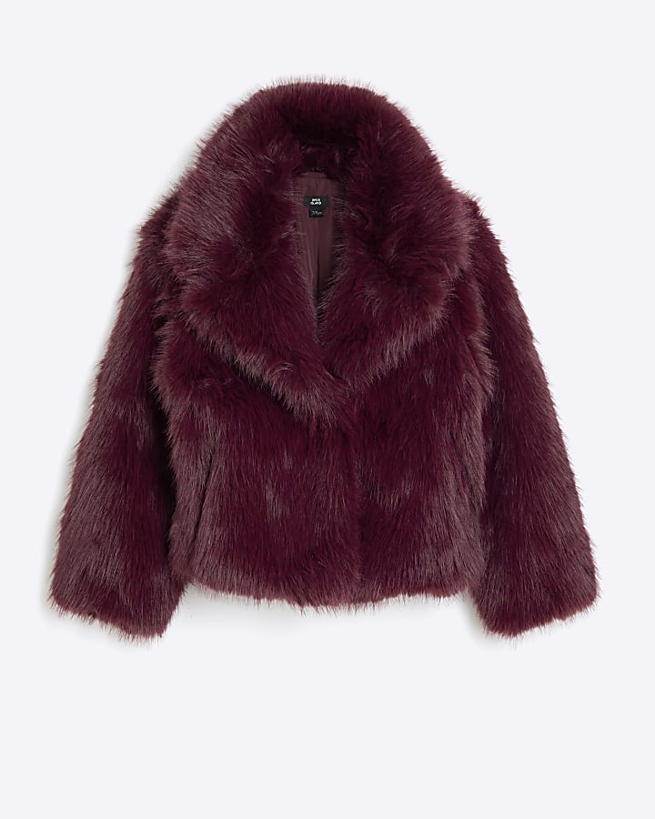 Burgundy Faux Fur Jacket River Island