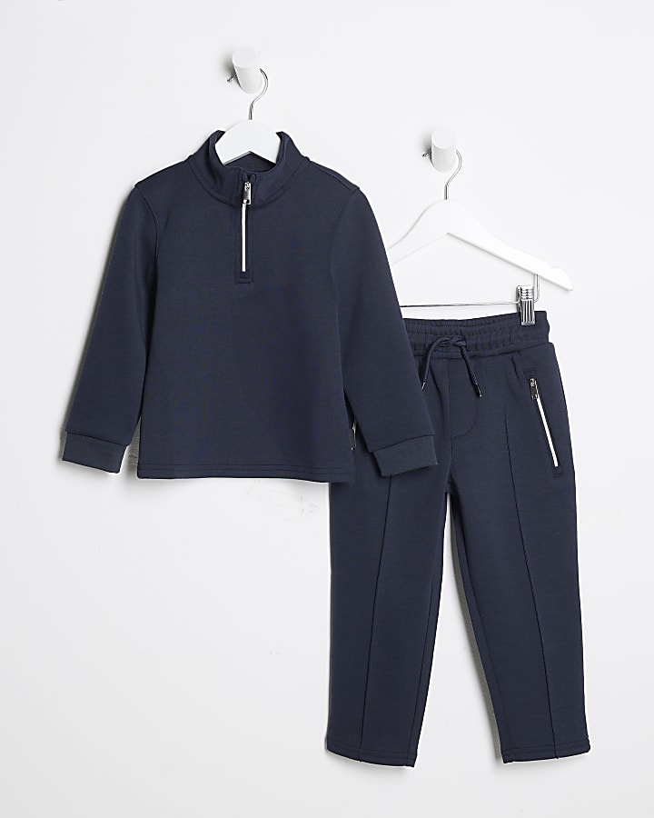 Mini Boys Blue Textured Funnel Sweatshirt Set | River Island Mini Boys Blue Textured Funnel Sweatshirt Set | River Island