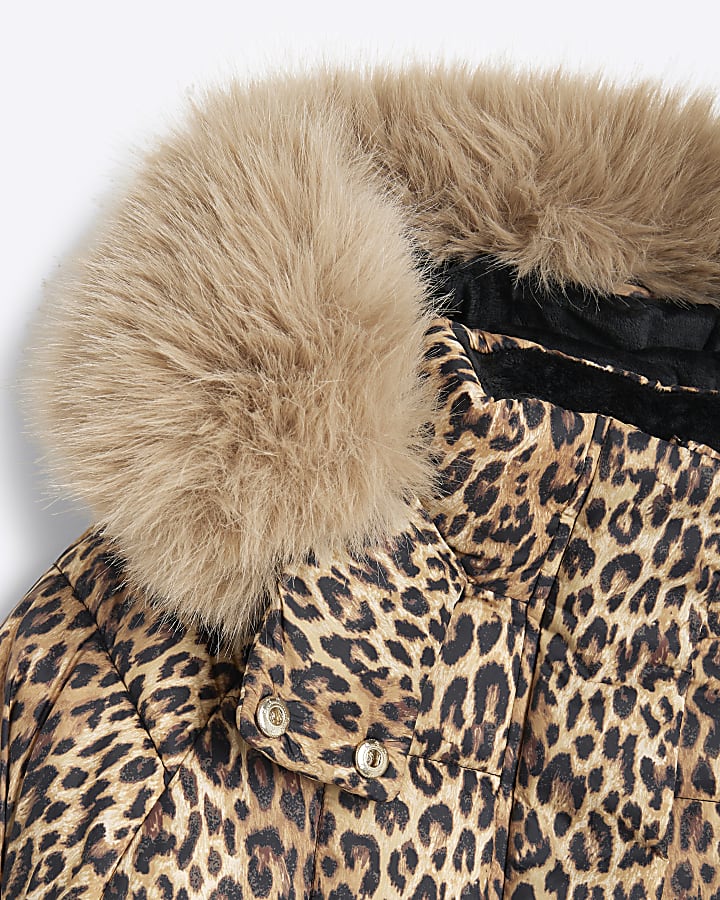 Girls Brown Leopard Print Hooded Padded Coat