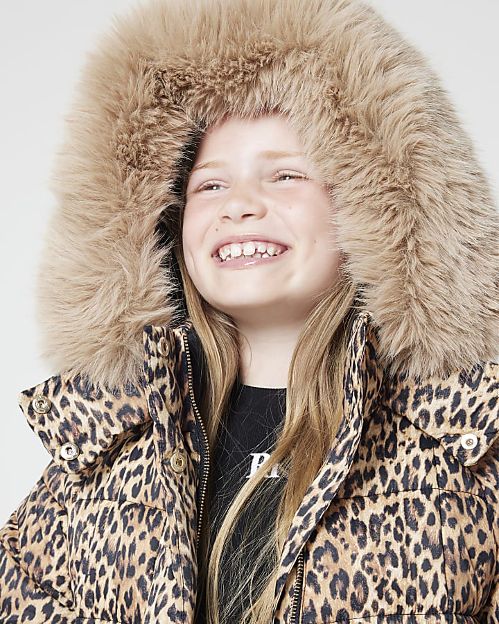 Girls Brown Leopard Print Hooded Padded Coat