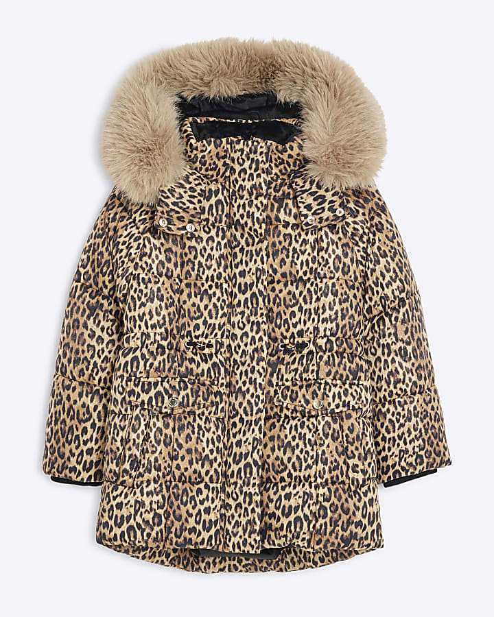 Girls Brown Leopard Print Hooded Padded Coat River Island