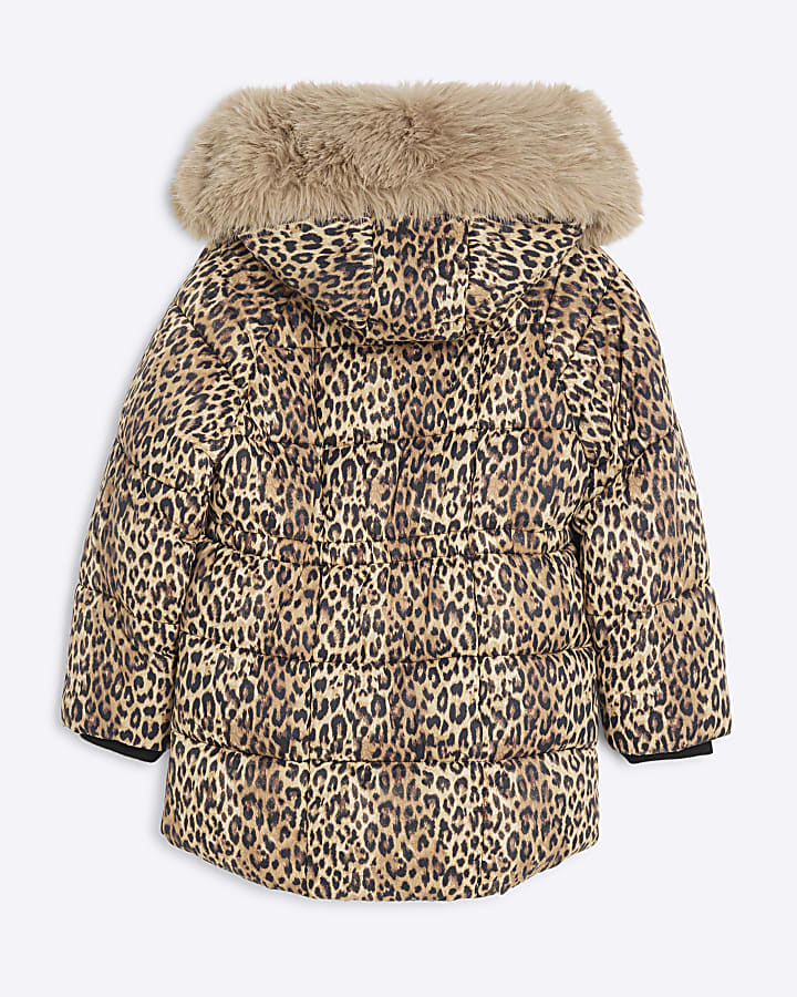 Girls Brown Leopard Print Hooded Padded Coat