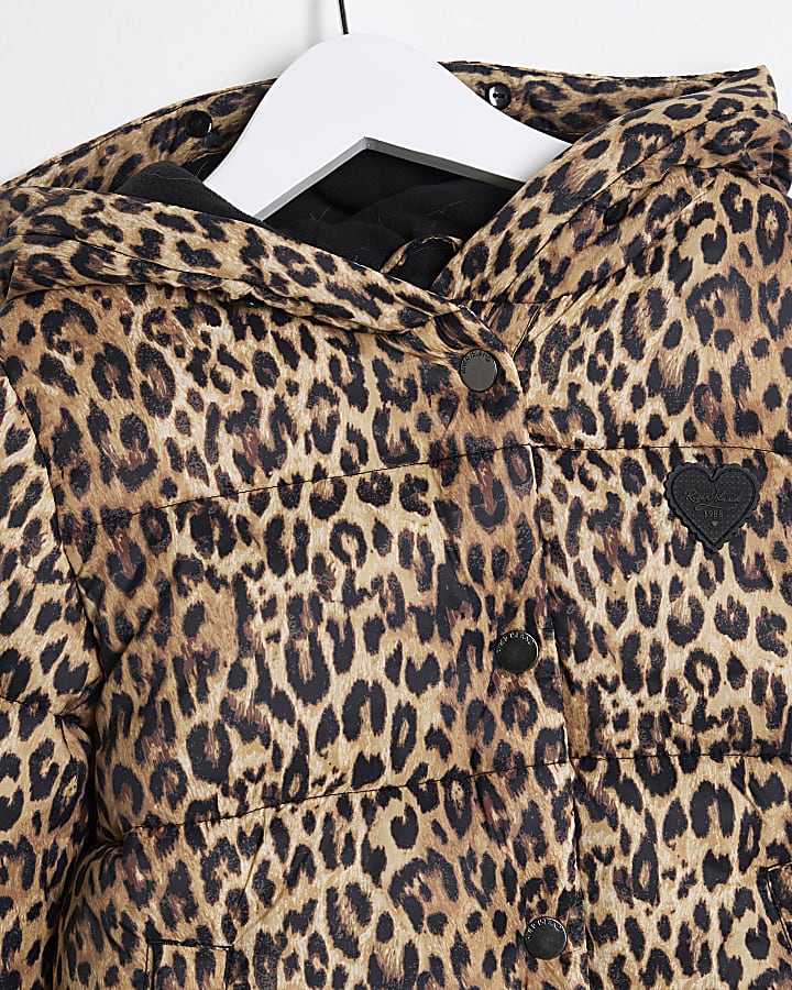 Mini girls brown leopard print padded jacket