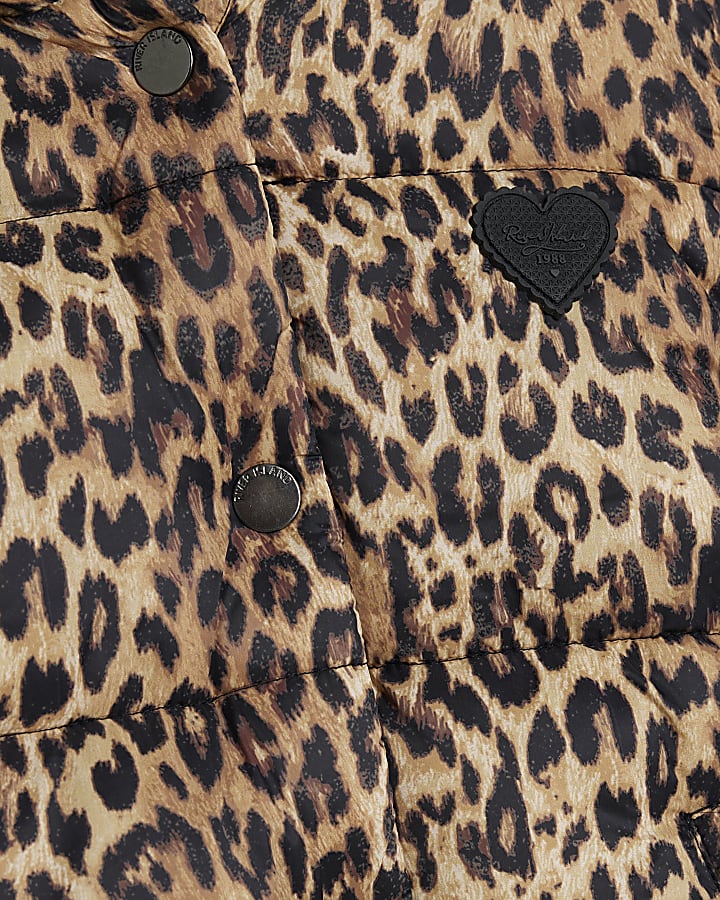 Mini girls brown leopard print padded jacket