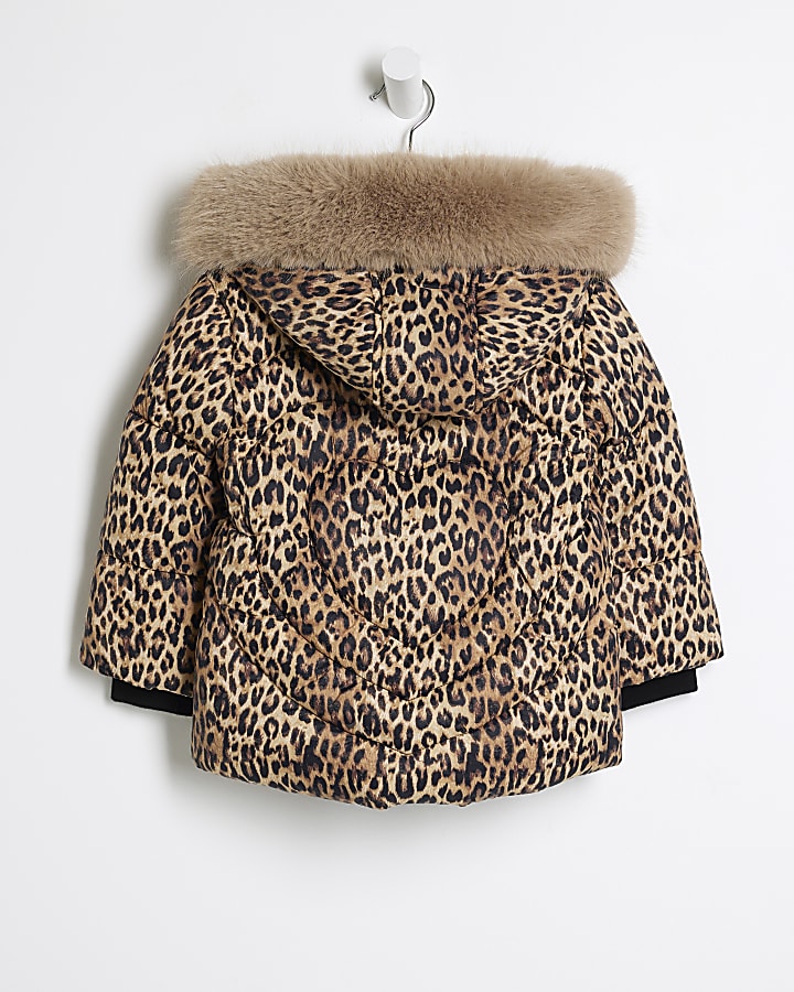 Mini girls brown leopard print padded jacket