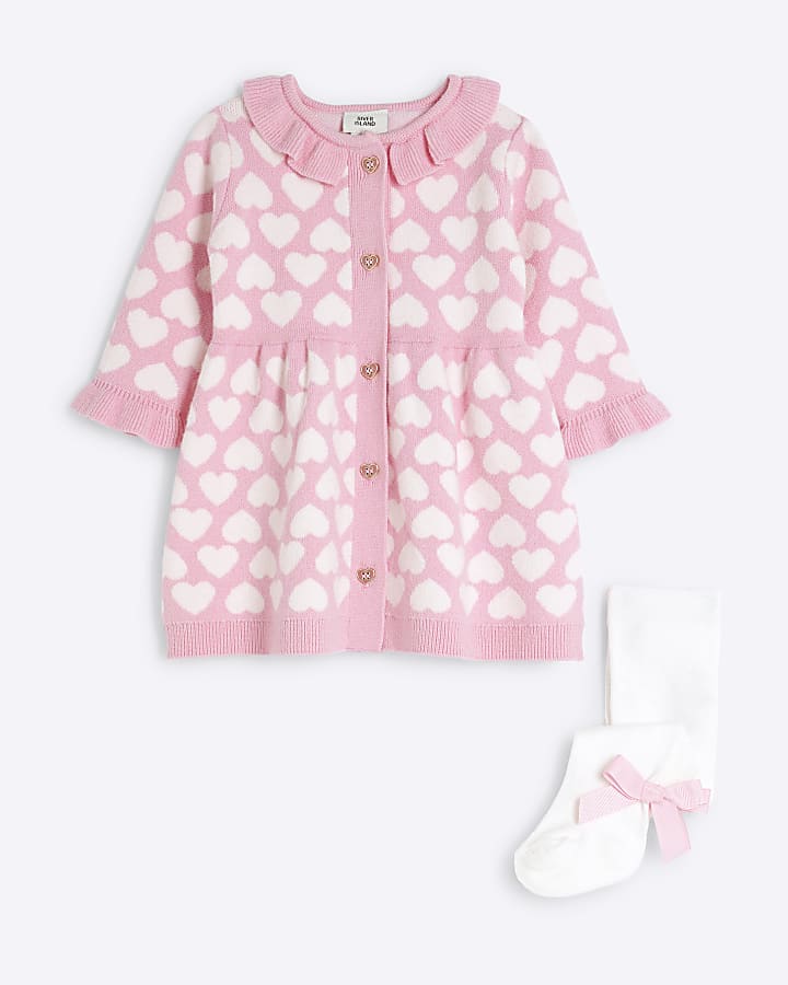 Baby girls pink heart knit dress set