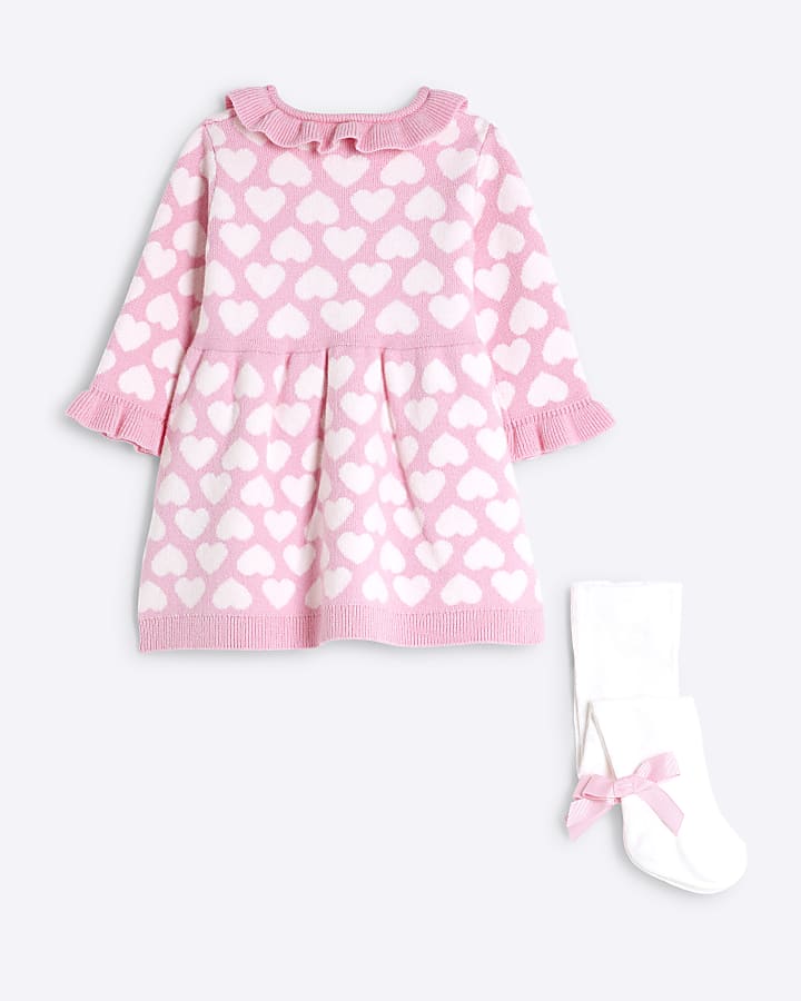 Baby girls pink heart knit dress set